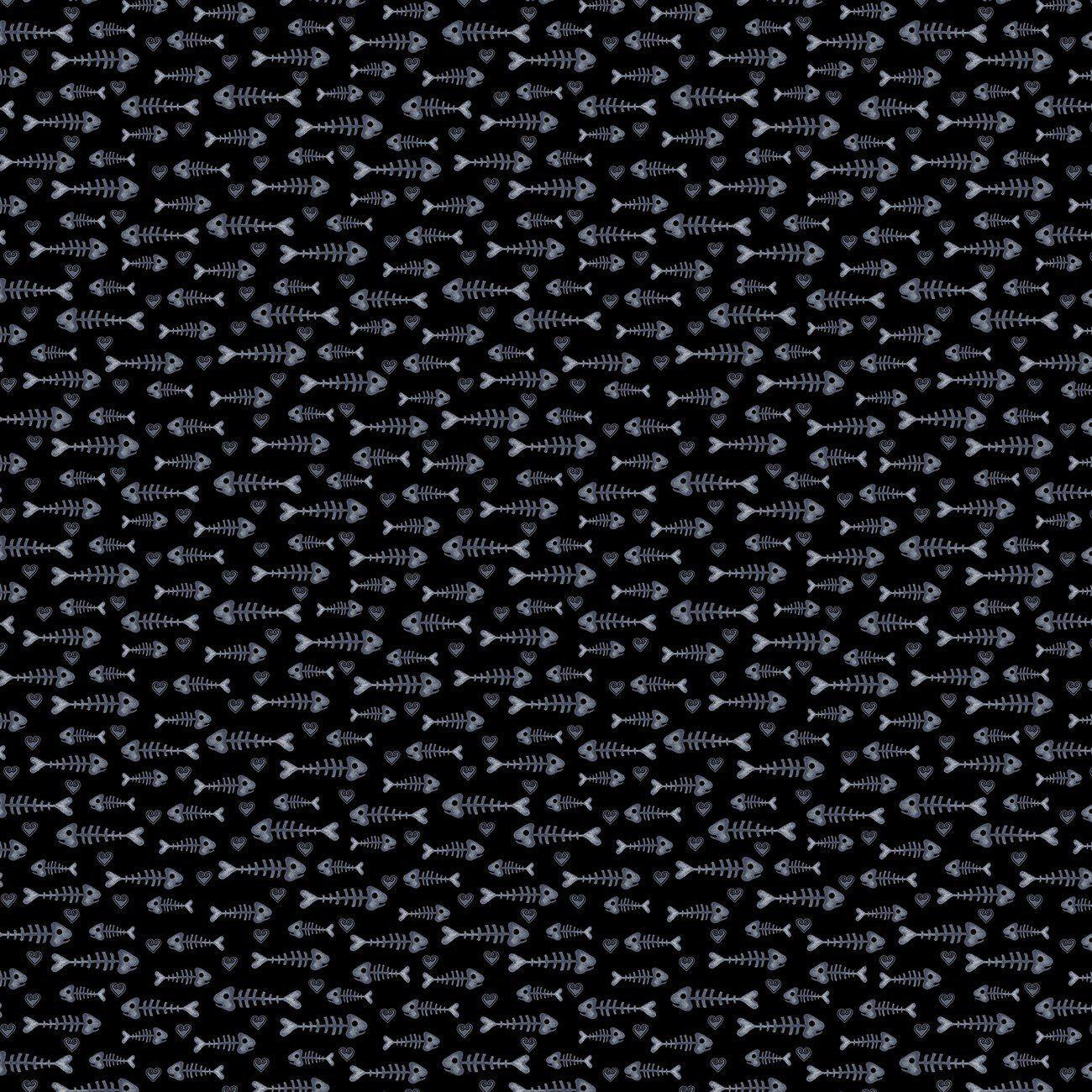 Kitty City Black Fish Bones Fabric-Benartex Fabrics-My Favorite Quilt Store