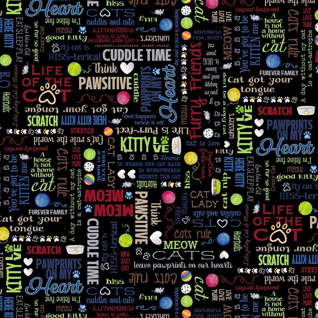 Kitty City Black Words Fabric-Benartex Fabrics-My Favorite Quilt Store