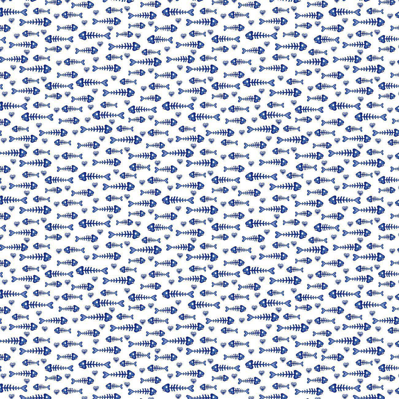 Kitty City White Fish Bones Fabric-Benartex Fabrics-My Favorite Quilt Store