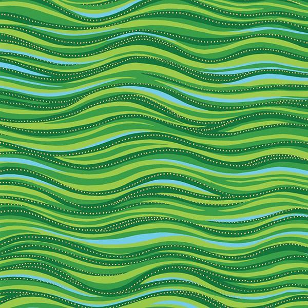 Laurel Burch Basics Green Wave Metallic Fabric-Clothworks-My Favorite Quilt Store