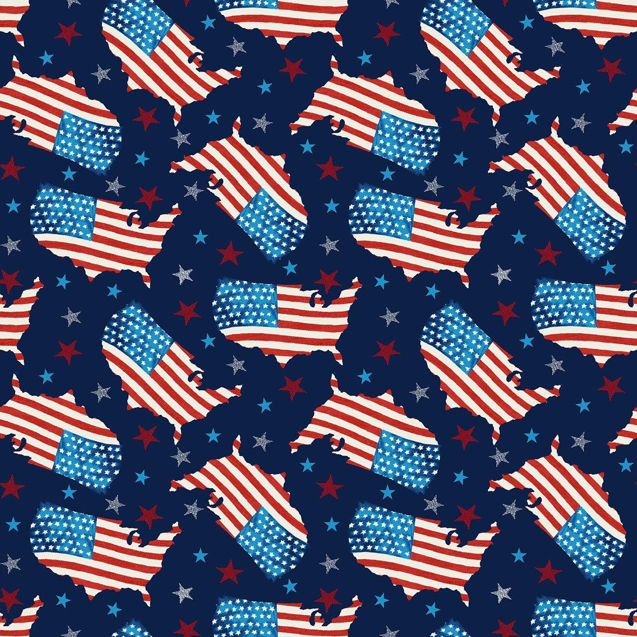 Liberty For All Blue Tossed Usa Map Fabric