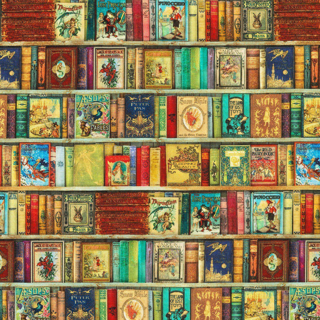 Library of Rarities Antique Book Shelf Small Print Fabric