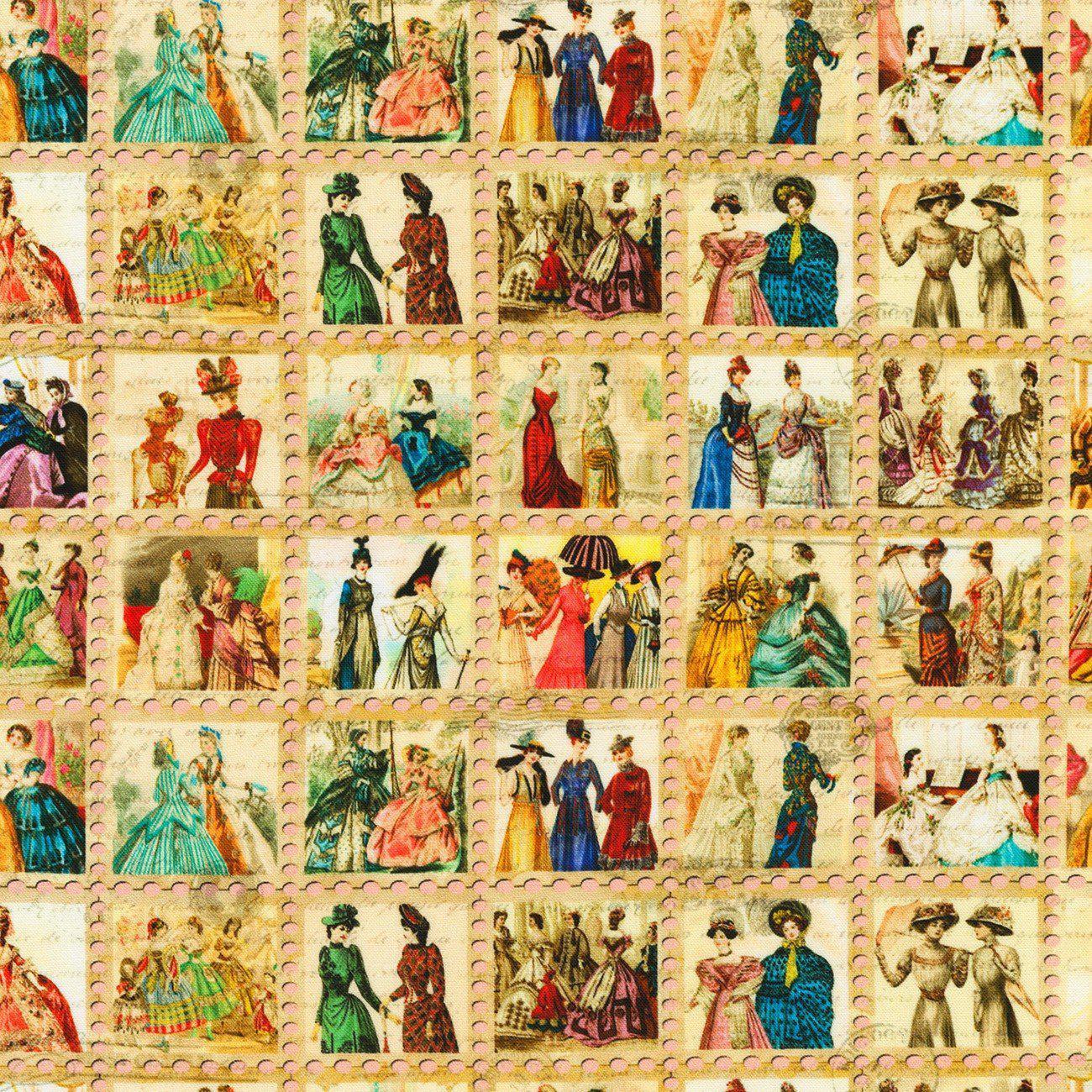 Library of Rarities Antique Lady Stamps Fabric