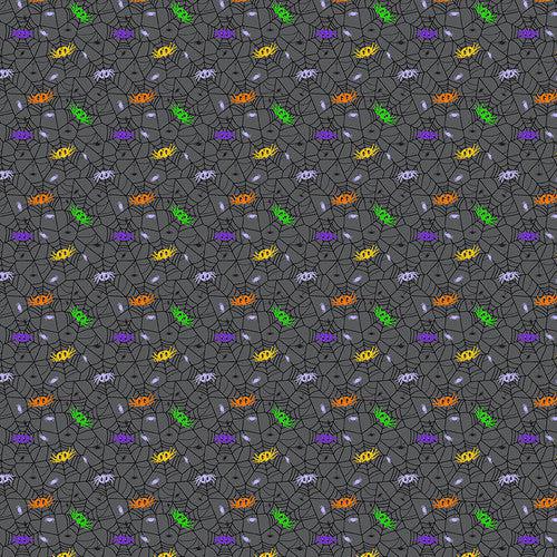 Little Monsters Grey Spiders on Spider Webs Fabric