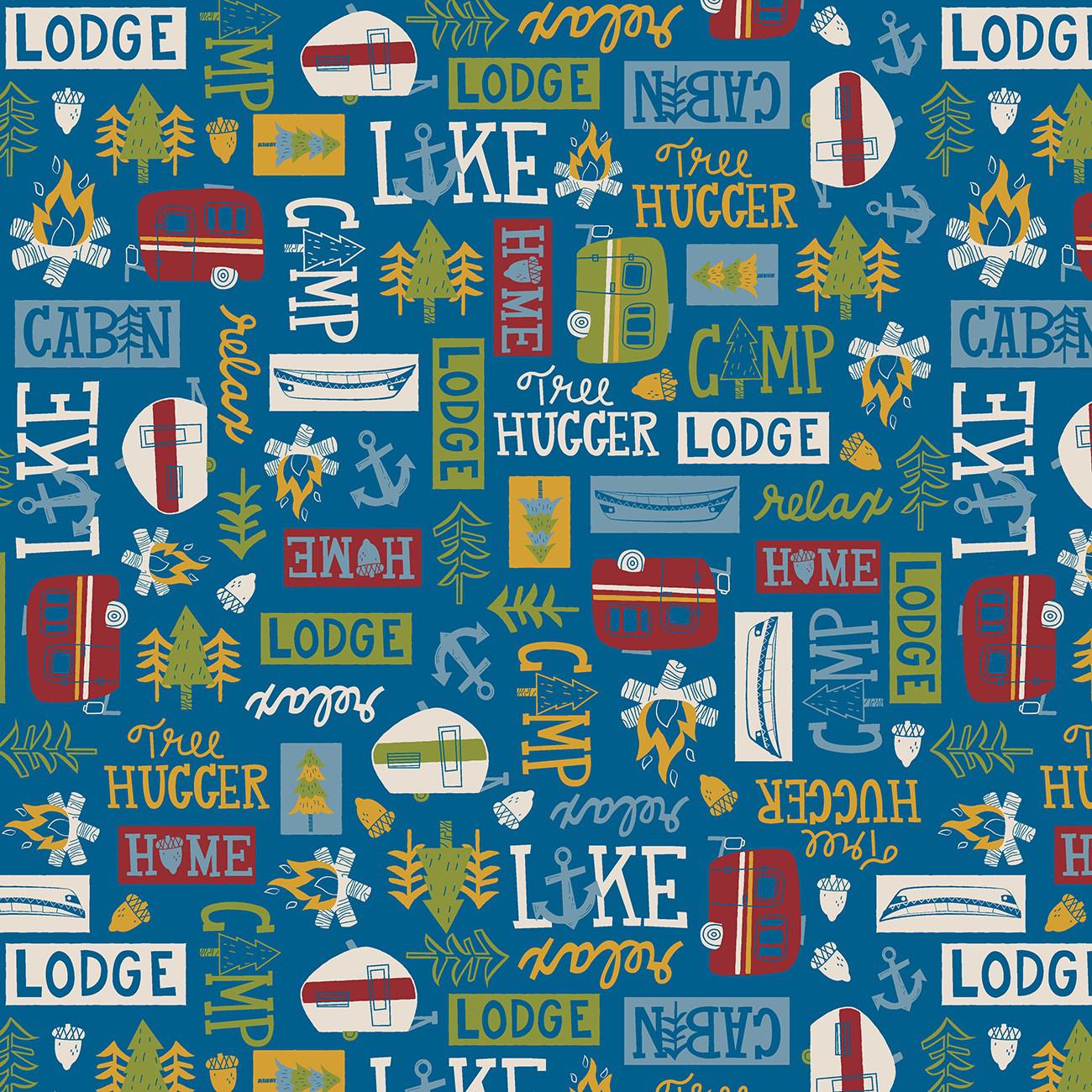 Loving Camp Life Dark Blue Words and Campers Fabric