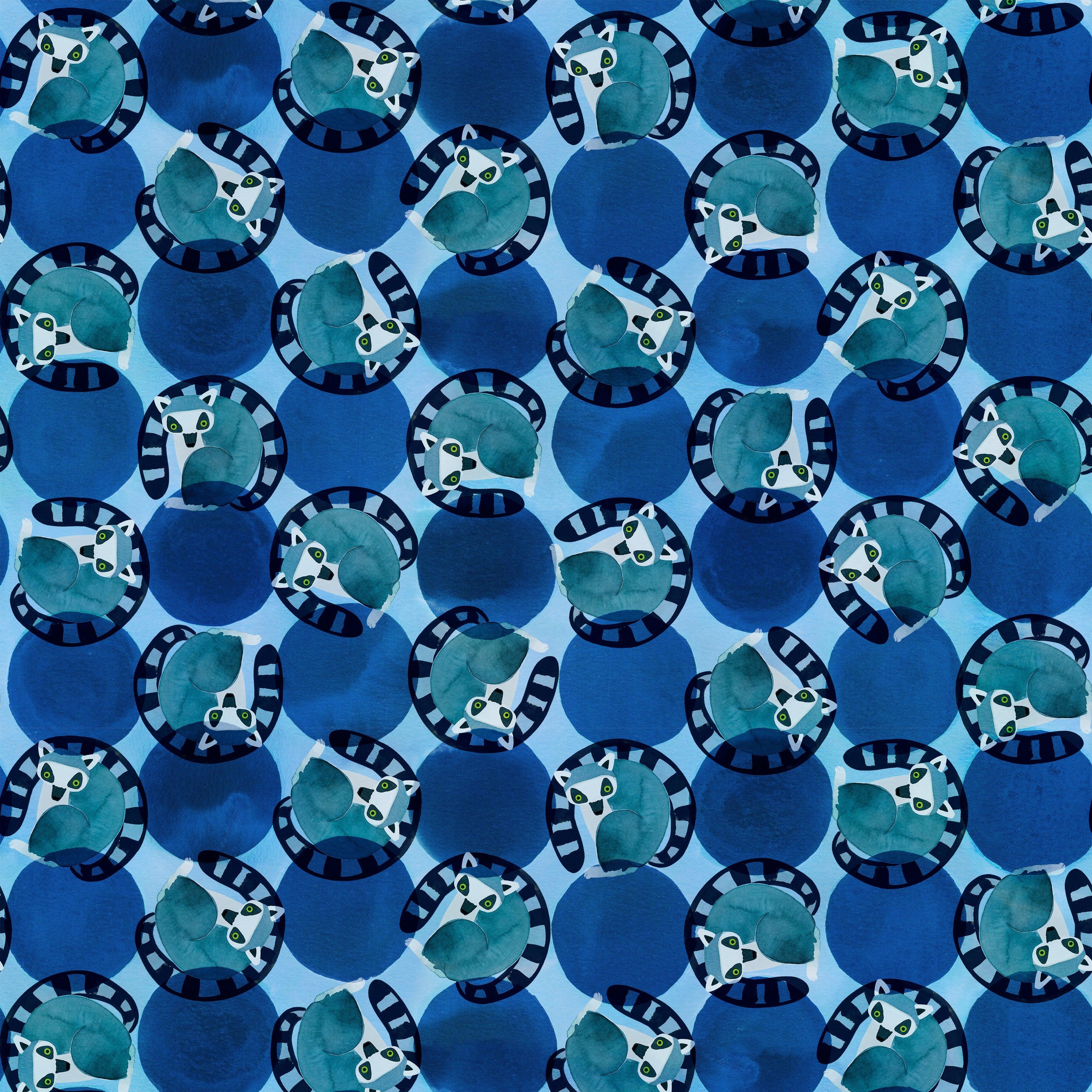 Madagascar Adventure Curled Up Lemurs Blue Fabric-Free Spirit Fabrics-My Favorite Quilt Store