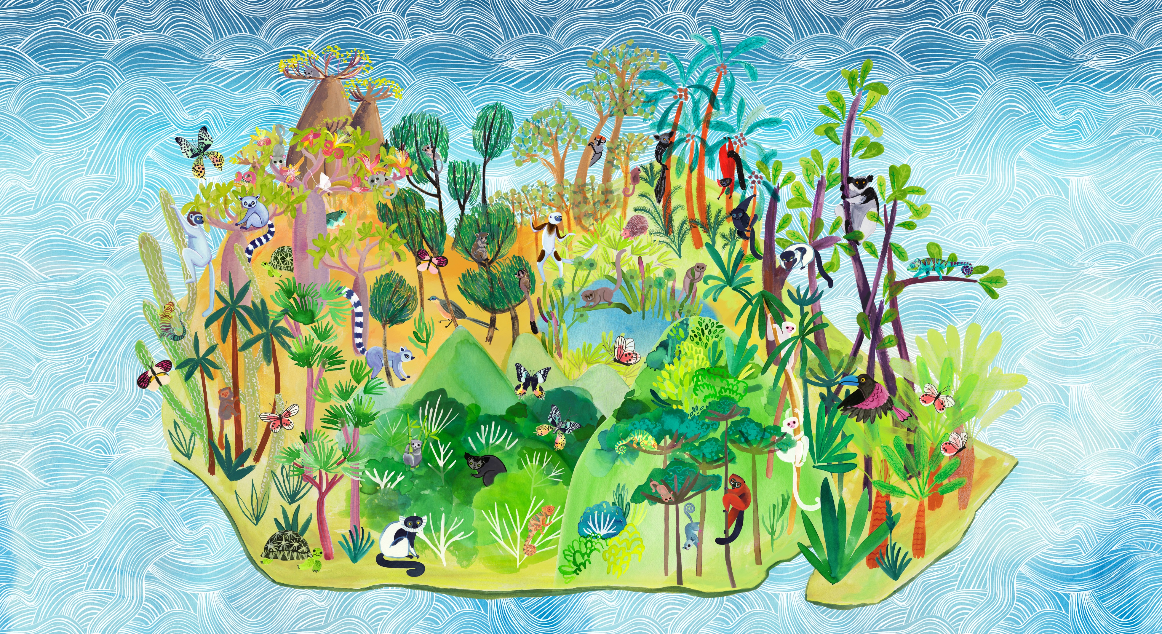 Madagascar Adventure Multi Wildlife Map Panel 24"x 44/45"-Free Spirit Fabrics-My Favorite Quilt Store