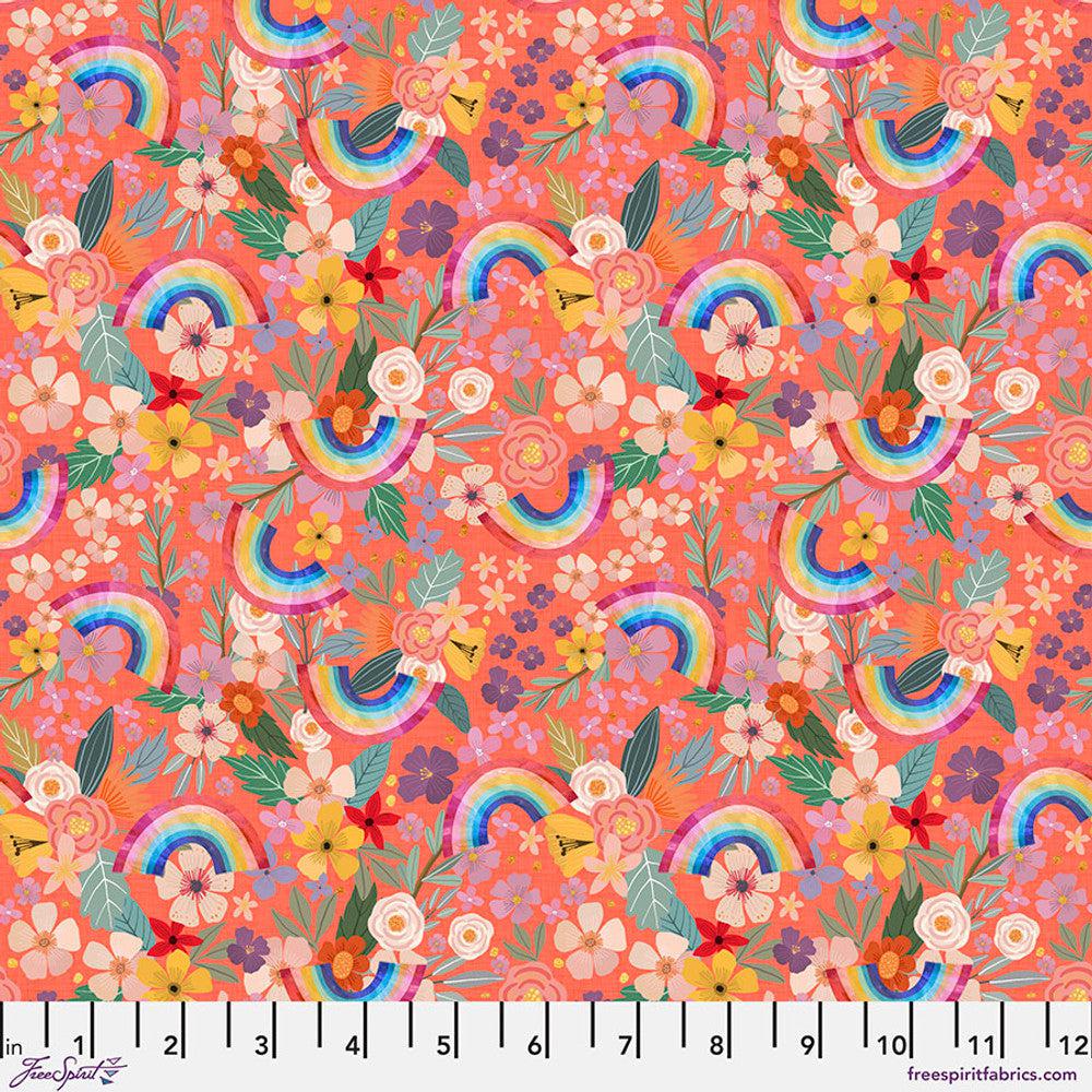 Magic Friends Coral Rainbows and Flowers Fabric-Free Spirit Fabrics-My Favorite Quilt Store