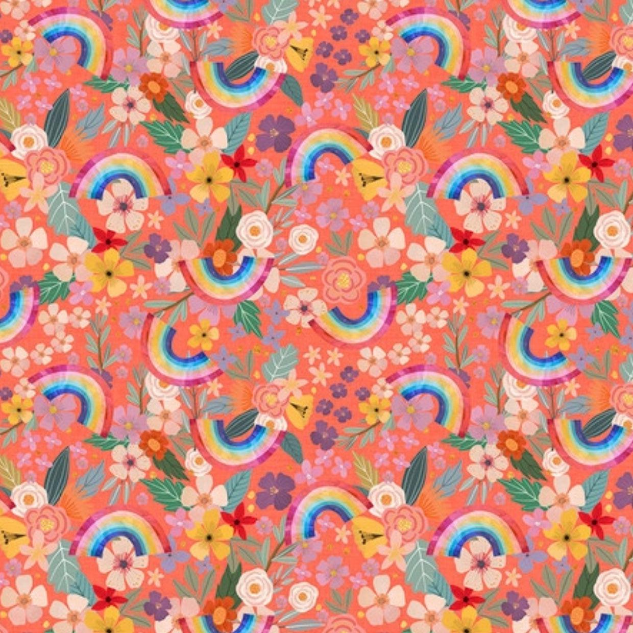 Magic Friends Coral Rainbows and Flowers Fabric-Free Spirit Fabrics-My Favorite Quilt Store