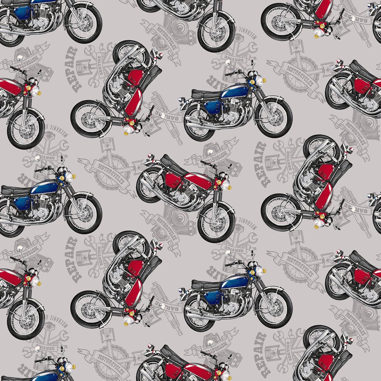 My Tools My Rules Gray Tossed Motorcycle Fabric-Henry Glass Fabrics-My Favorite Quilt Store