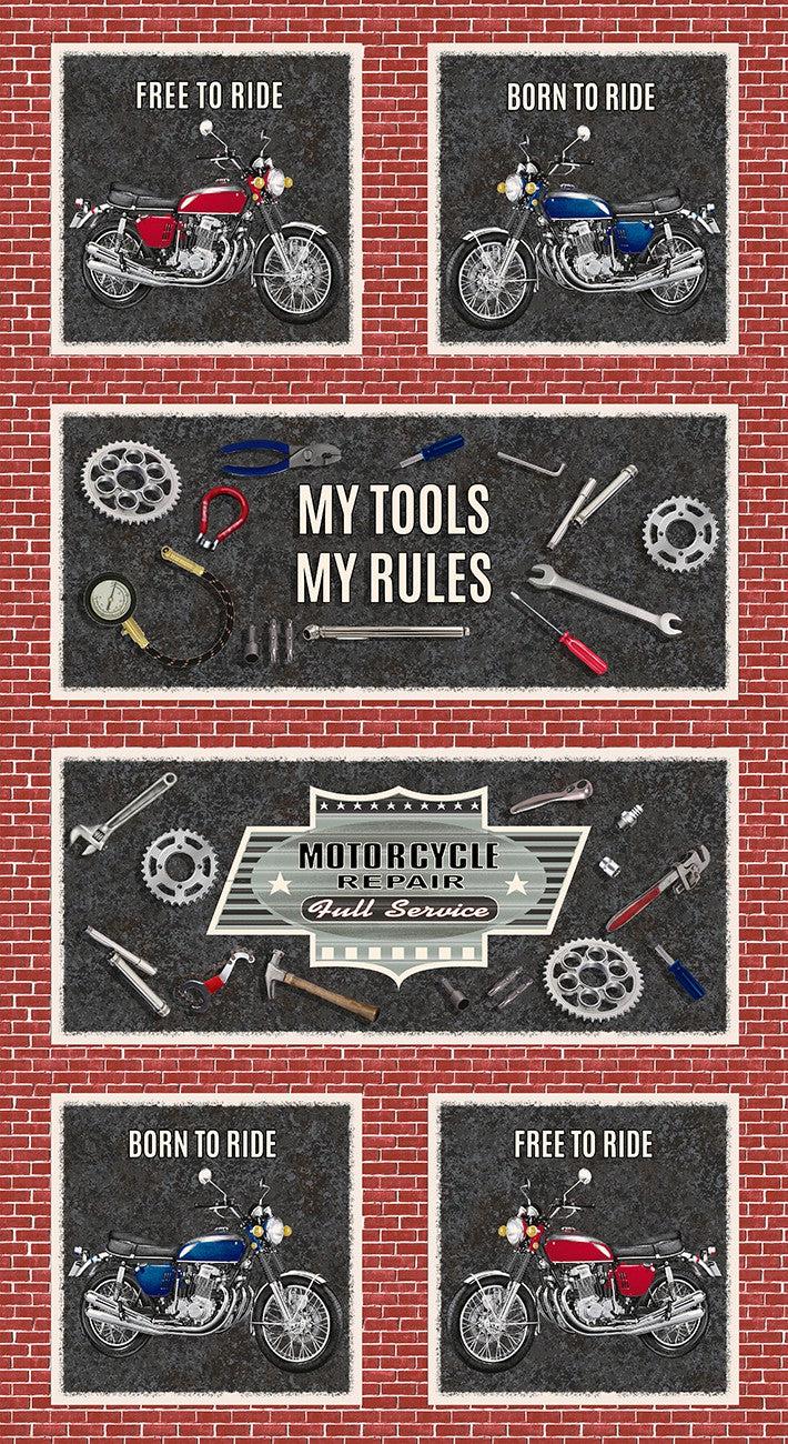 My Tools My Rules Red Brick Block Panel 24"x 44/45"-Henry Glass Fabrics-My Favorite Quilt Store