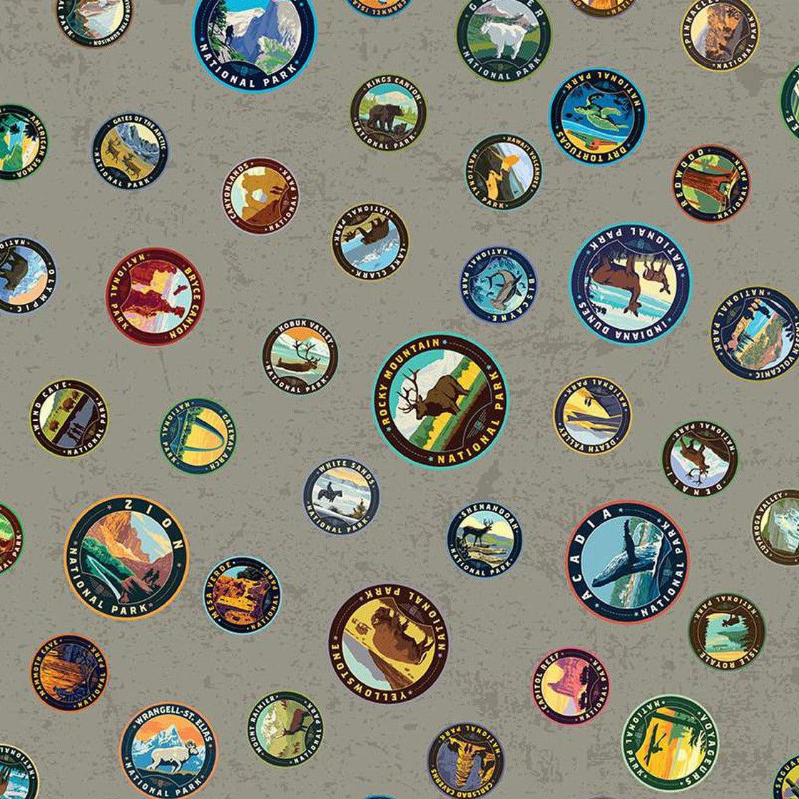 National Parks Gray Emblems Fabric