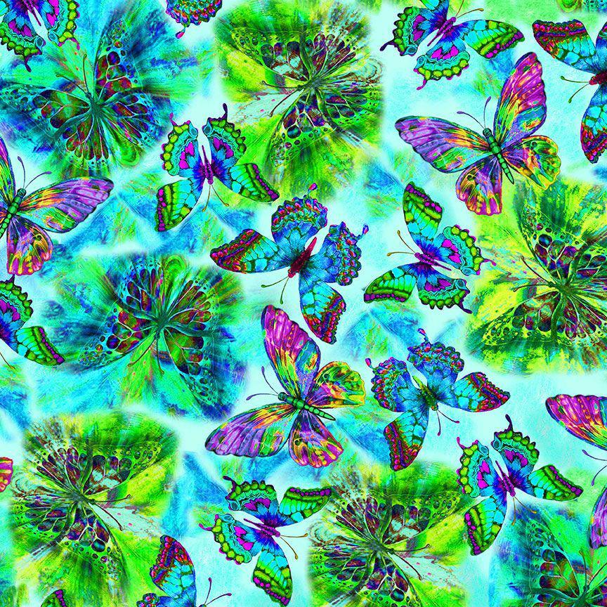 Nature's Glow Green Flying Butterflies Digital Fabric