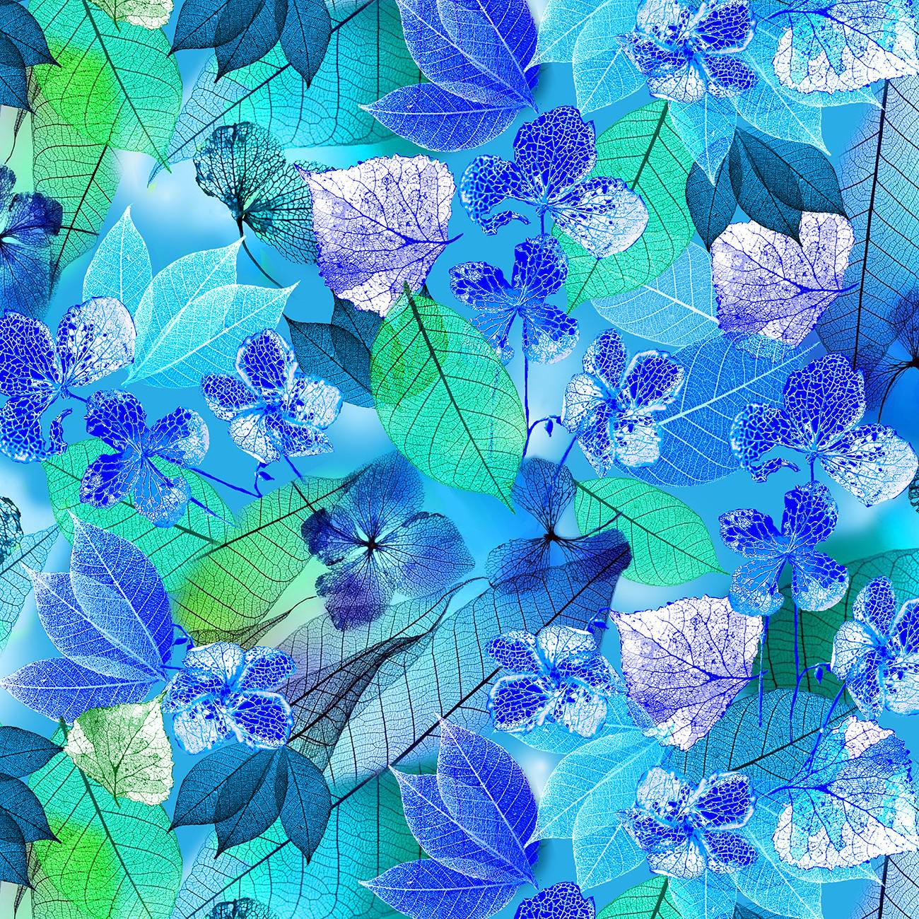 Neon Nature Blue Bright Magical Flowers Digital Fabric
