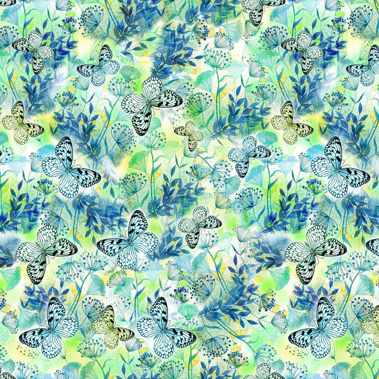 Neon Nature Green Dandelions and Butterflies Digital Fabric