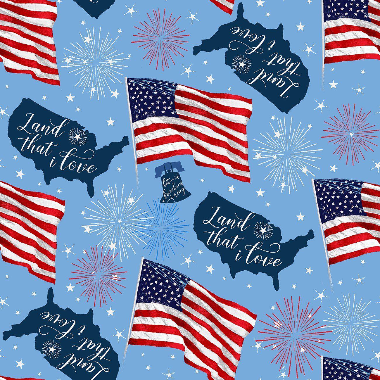 One Nation Blue Tossed Map and Flag Fabric by Jessica Mundo - Henry Glass  Fabrics