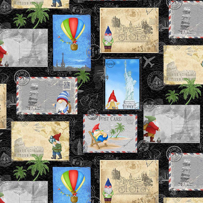 Packed Traveling Gnomes Black Postcard Fabric-Timeless Treasures-My Favorite Quilt Store