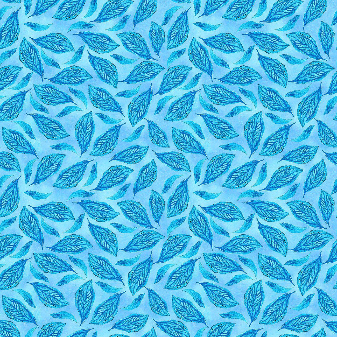 Painted Peacock Sky Tossed Small Leaves Digital Fabric