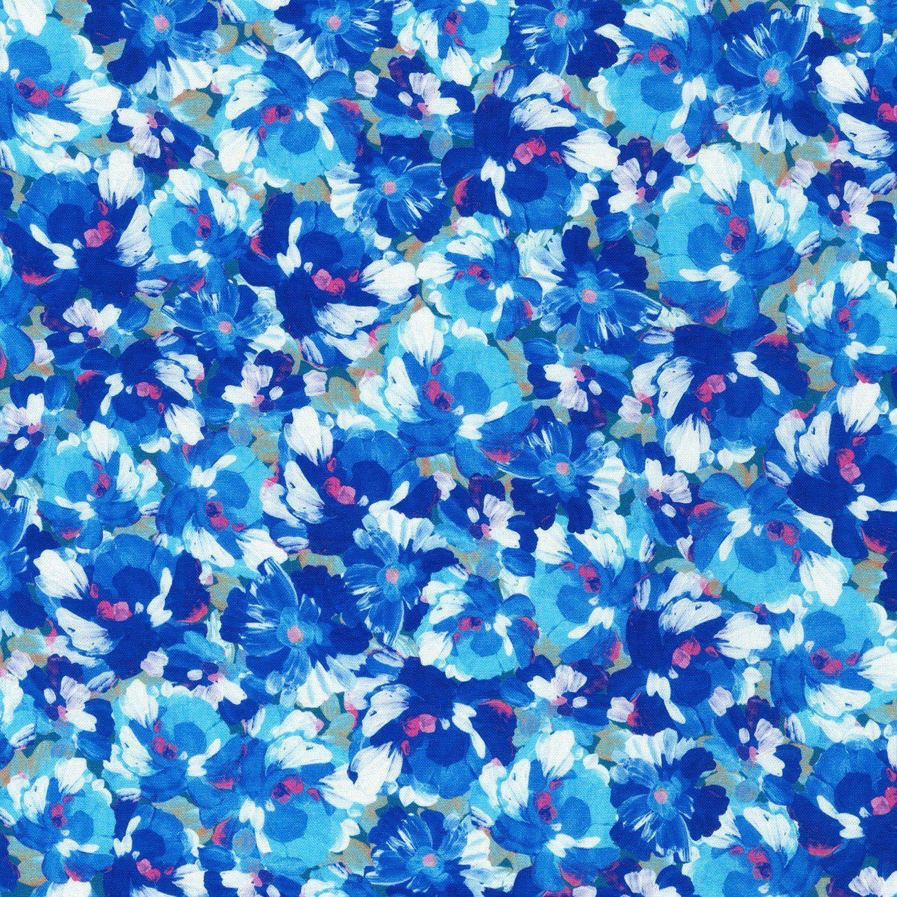 Painterly Petals Packed Flowers Blue Fabric