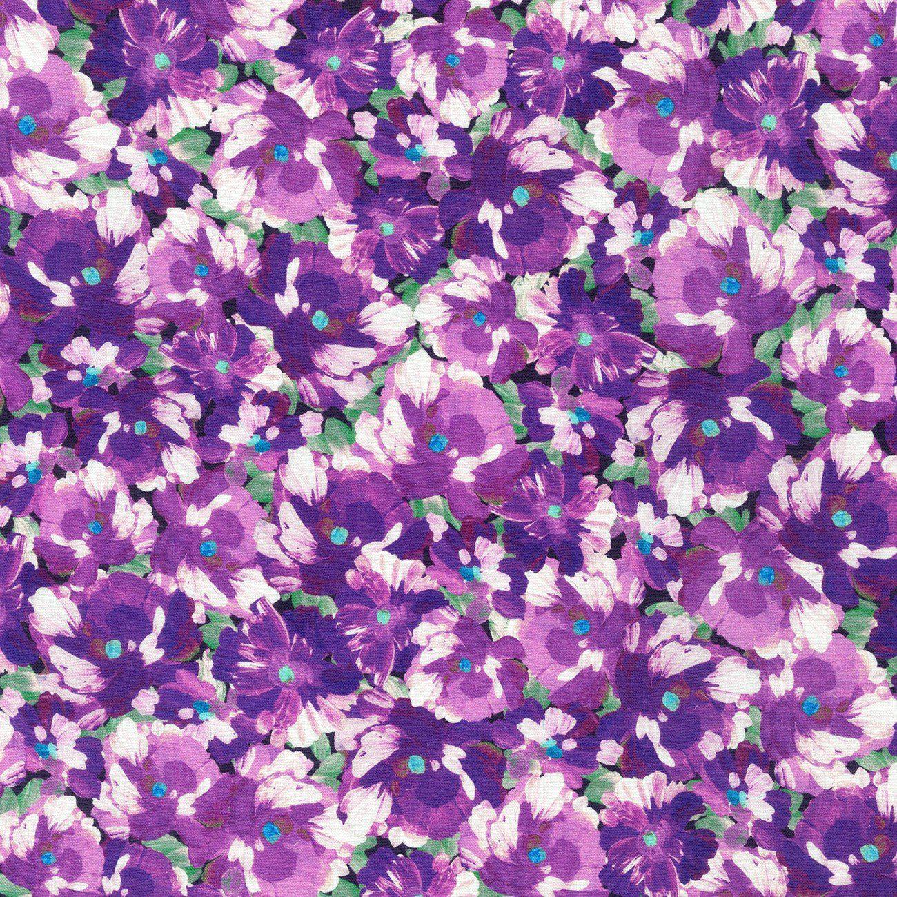 Painterly Petals Packed Flowers Purple Fabric - Robert Kaufman