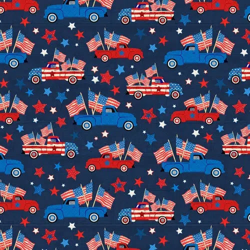 Patriotic Picnic Navy Blue Truck Fabric