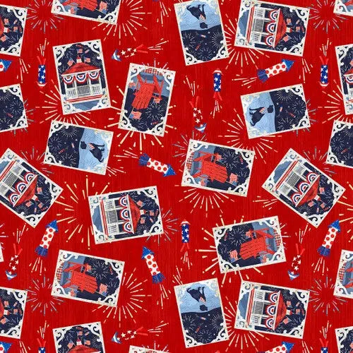 Patriotic Picnic Red Tossed Fireworks Fabric