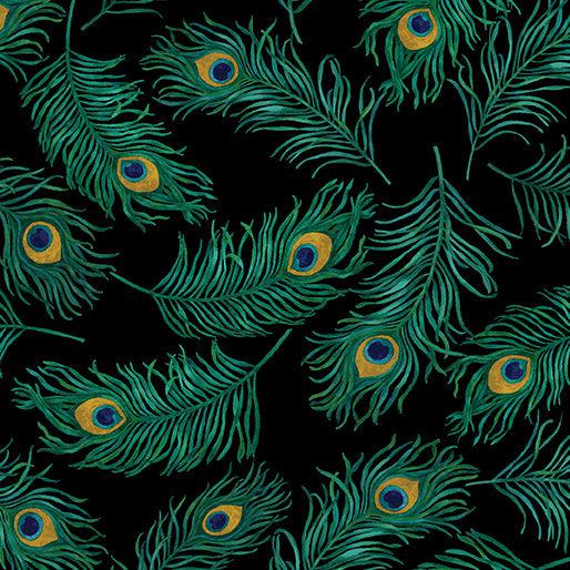 Peacock Symphony Feather Black Fabric-Benartex Fabrics-My Favorite Quilt Store