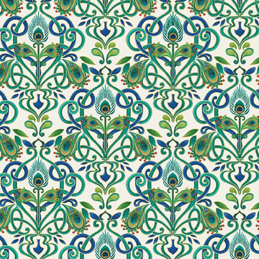 Peacock Symphony Feather Medallion Ivory Fabric-Benartex Fabrics-My Favorite Quilt Store