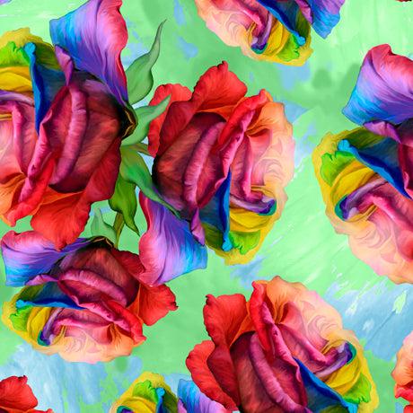 Rainbow Rose Green Tossed Roses Fabric