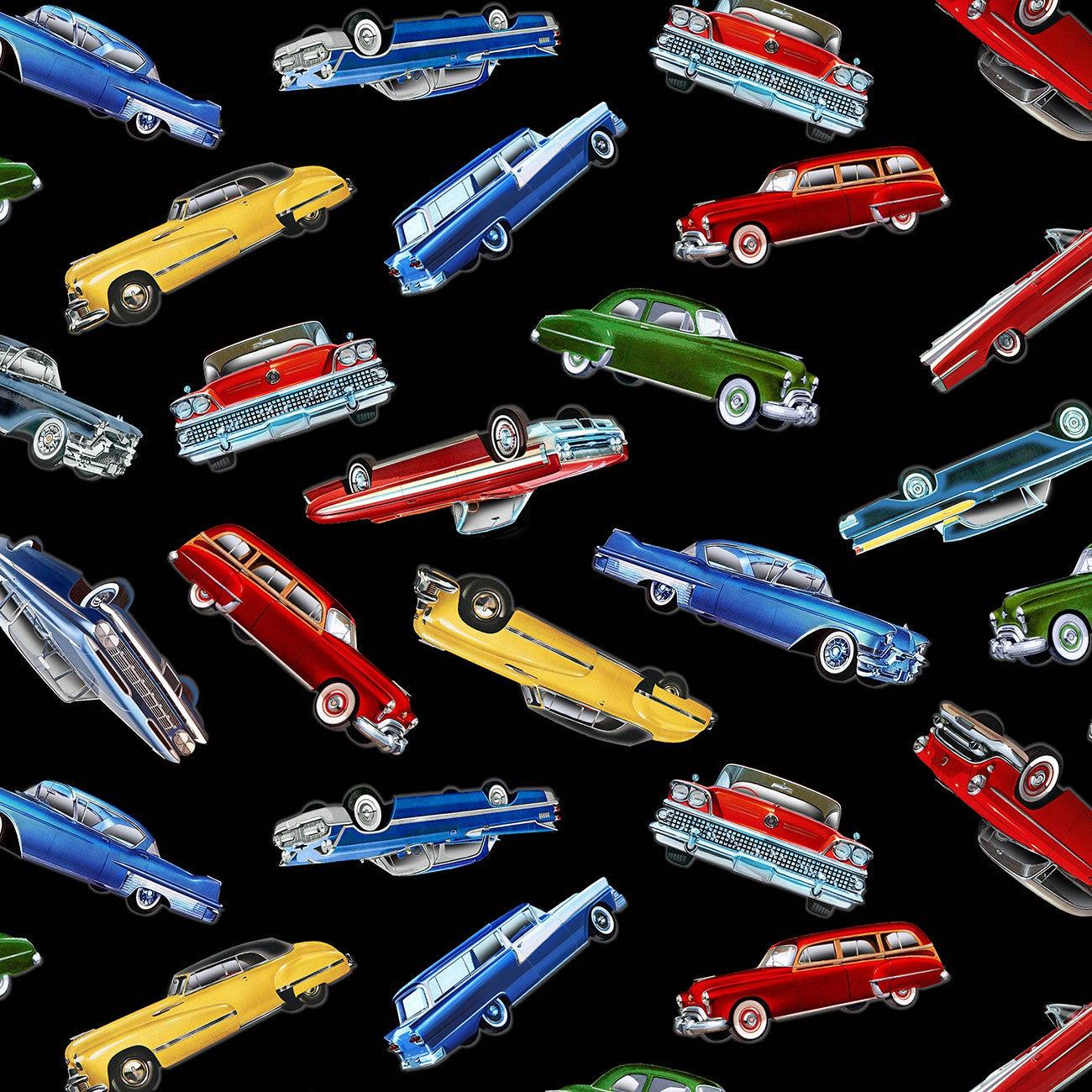 Route 66 Black Tossed Classic Cars Fabric