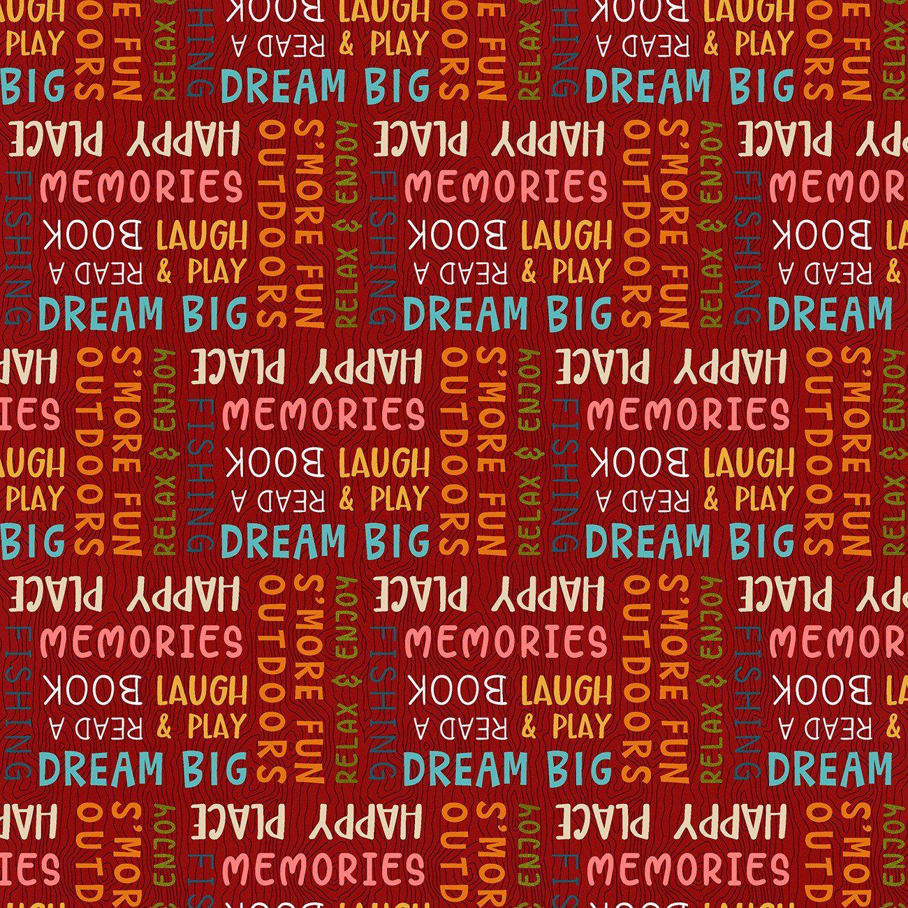 S'More Fun Outdoors Red Camping Words Fabric-Henry Glass Fabrics-My Favorite Quilt Store