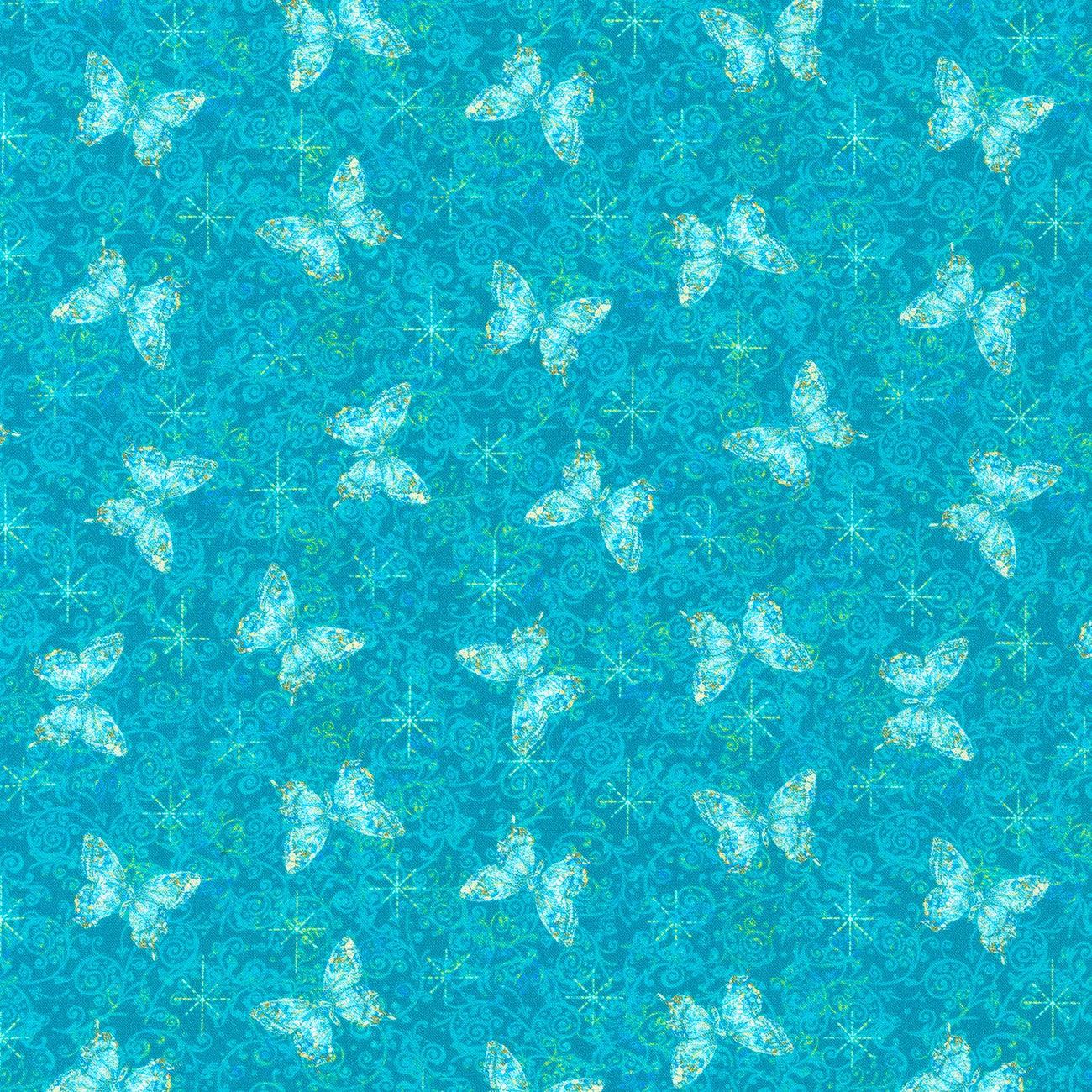 Secret Garden  Aqua Butterflies Silhouette Fabric