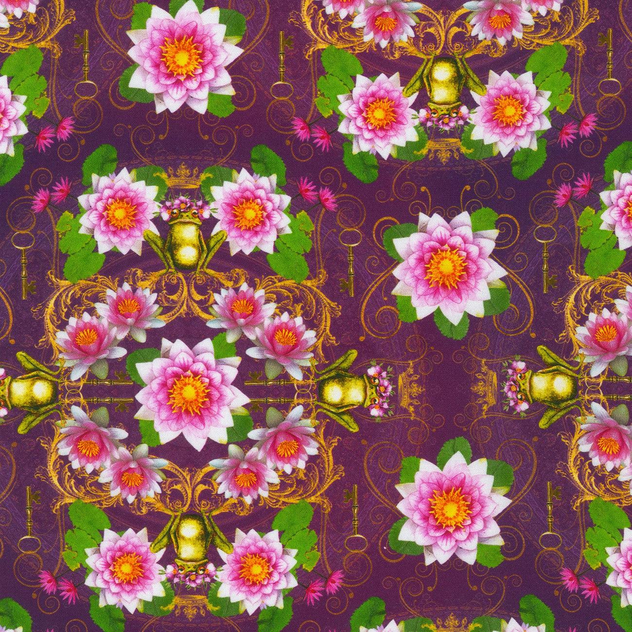 Secret Garden Aubergine Floral Frog Fabric