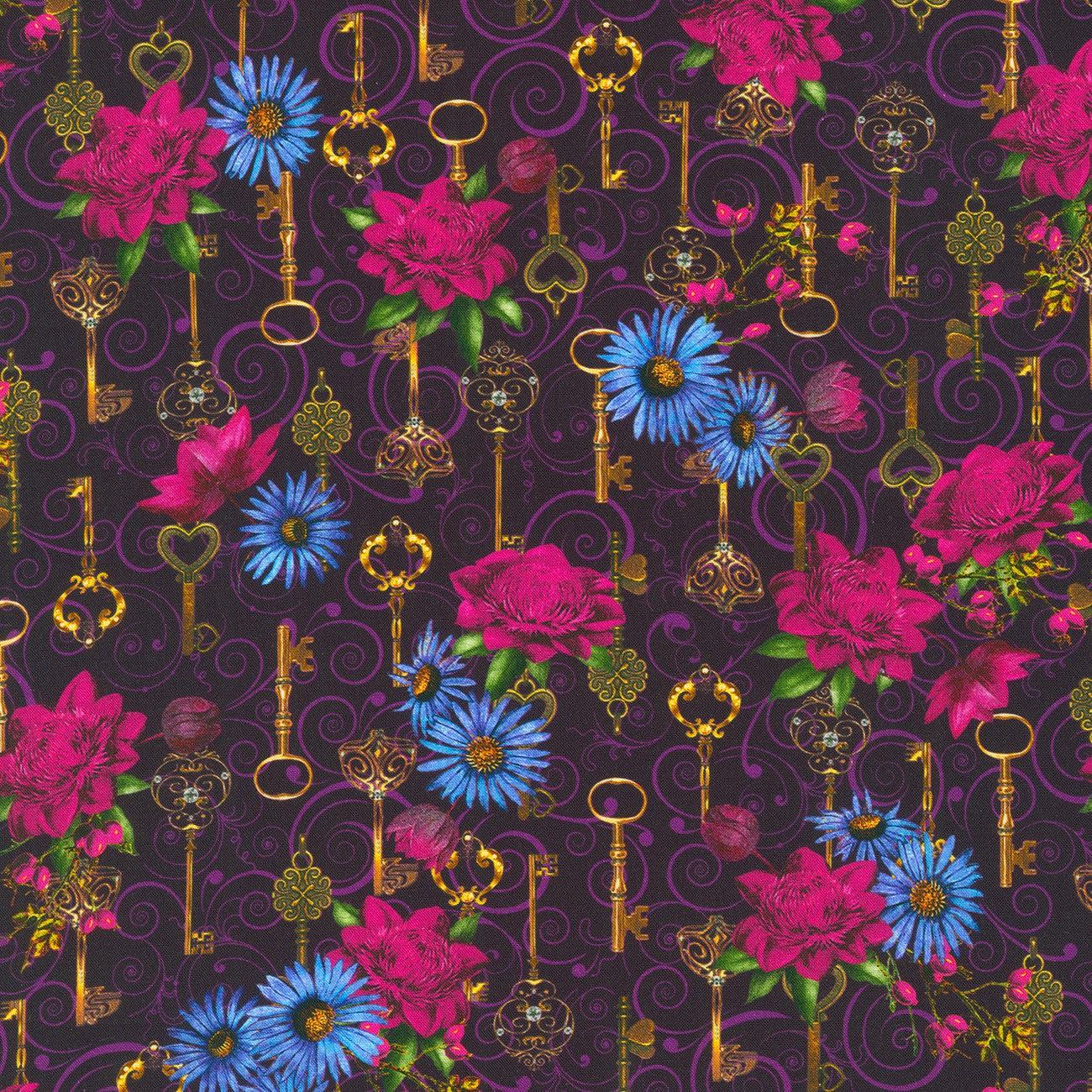 Secret Garden Aubergine Hidden Keys Fabric-Robert Kaufman-My Favorite Quilt Store