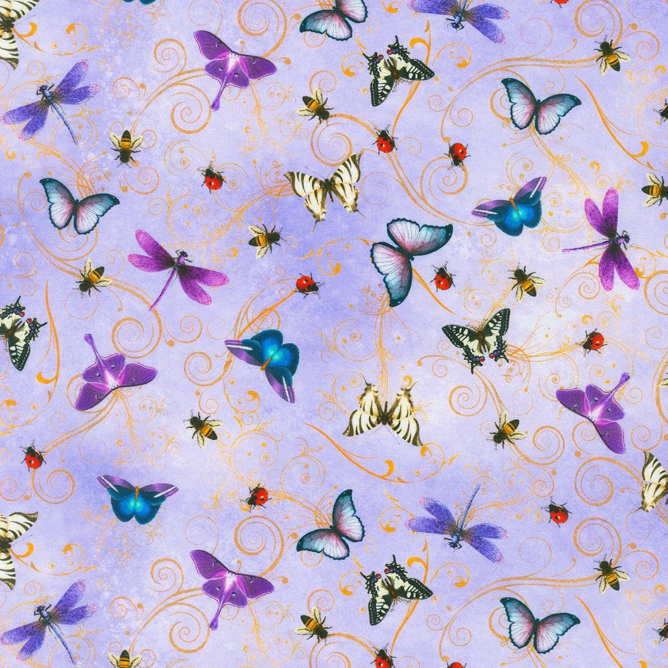 Secret Garden  Lavender Swirl Insects Fabric