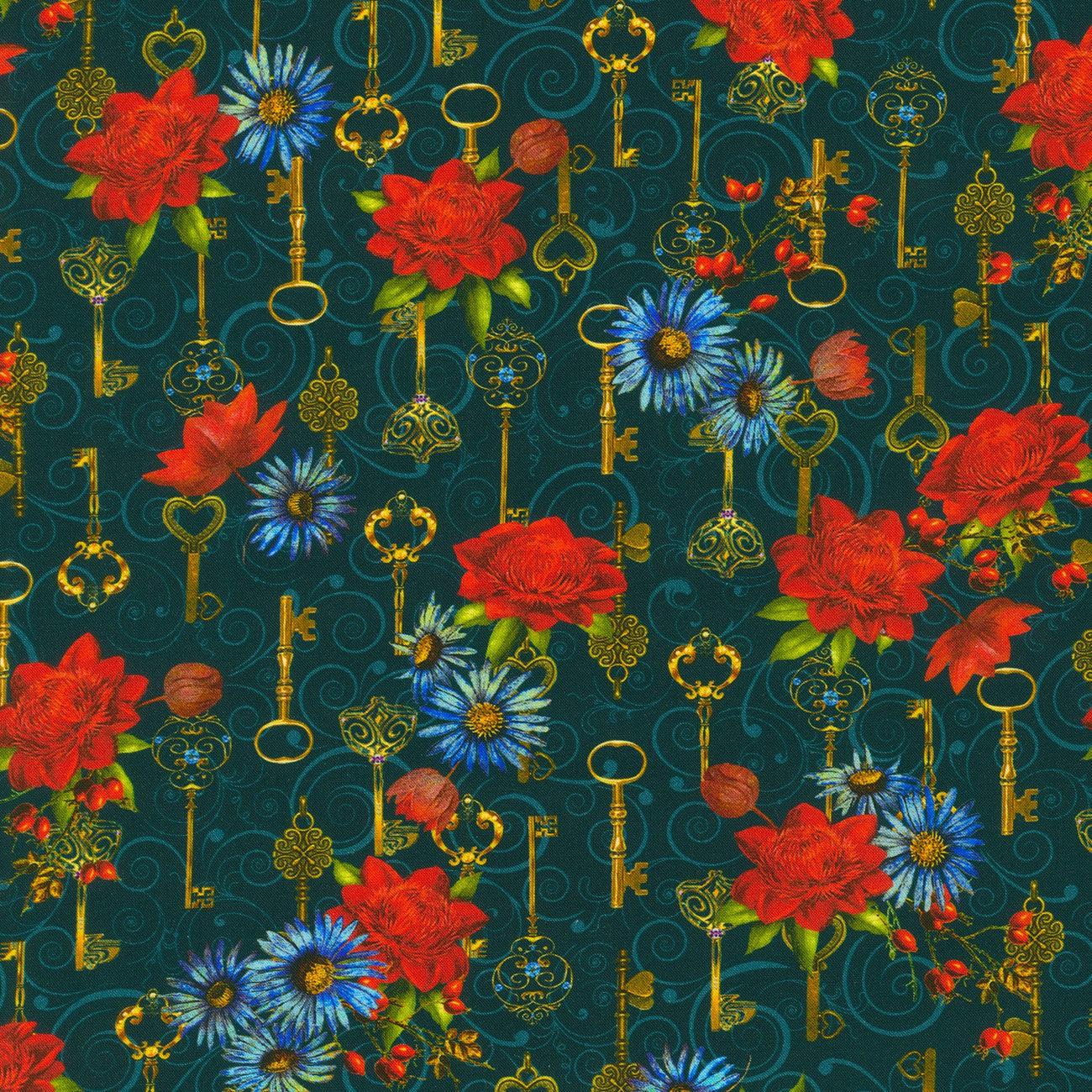 Secret Garden Teal Hidden Keys Fabric-Robert Kaufman-My Favorite Quilt Store