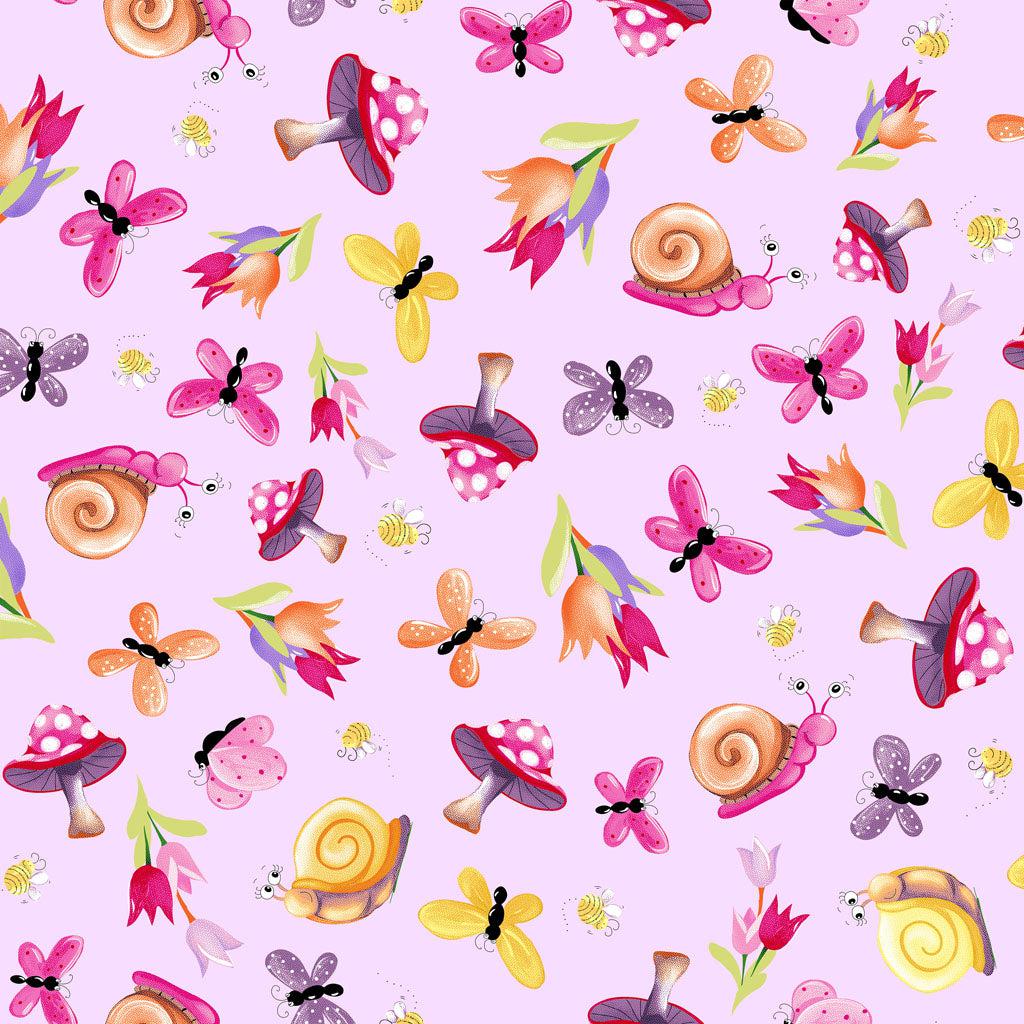 Sloane the Snail Garden Toss Orchid Fabric-Susybee-My Favorite Quilt Store