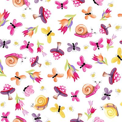 Sloane the Snail Garden Toss White Fabric-Susybee-My Favorite Quilt Store