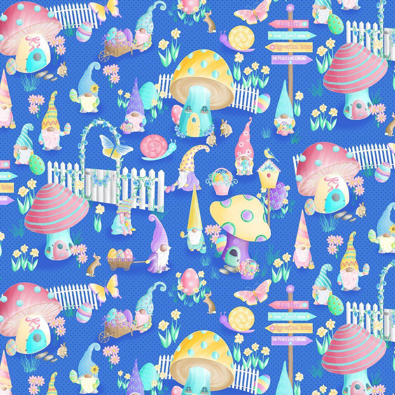 Spring Garden Gnomes Blue Gnome Garden Party Fabric-Benartex Fabrics-My Favorite Quilt Store