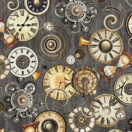 Steampunk Adventures Grey Clock Toss Fabric-QT Fabrics-My Favorite Quilt Store