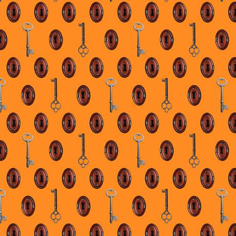 Steampunk Halloween 2 Orange Keys & Keyhole Fabric-QT Fabrics-My Favorite Quilt Store