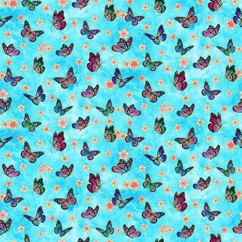 Sunrise Garden Aqua Small Butterflies and Flower Heads Fabric