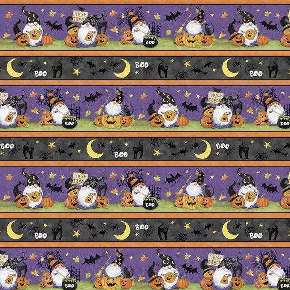 The Boo Crew Border Stripe Gnomes Fabric-Wilmington Prints-My Favorite Quilt Store