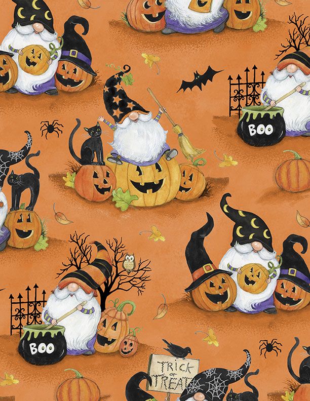 The Boo Crew Orange Scenic Gnomes Fabric-Wilmington Prints-My Favorite Quilt Store