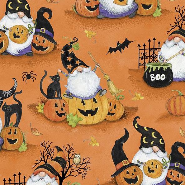 The Boo Crew Orange Scenic Gnomes Fabric-Wilmington Prints-My Favorite Quilt Store