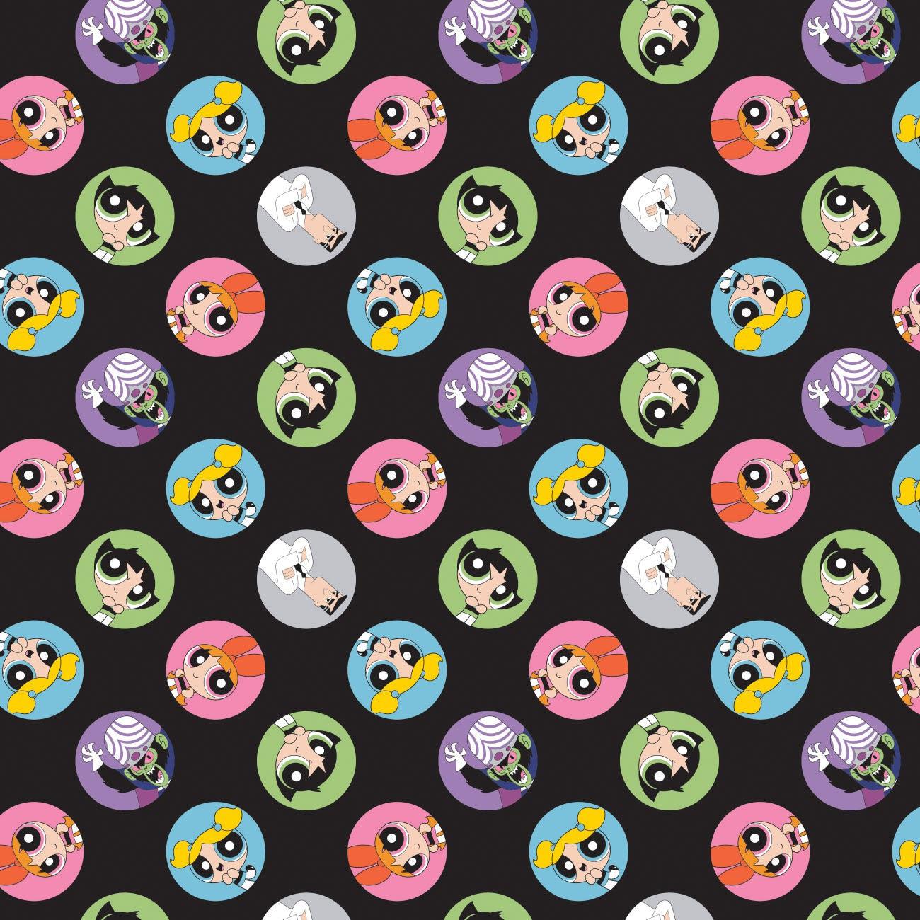 The Powerpuff Girls Character Coin Toss on Black Fabric-Camelot Fabrics-My Favorite Quilt Store