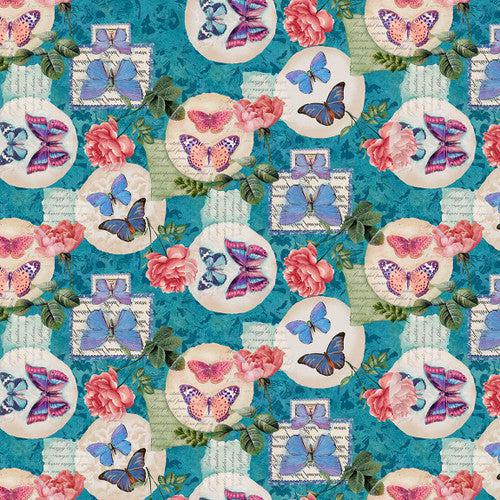 Victoria Teal Butterfly and Floral Stamp Fabric