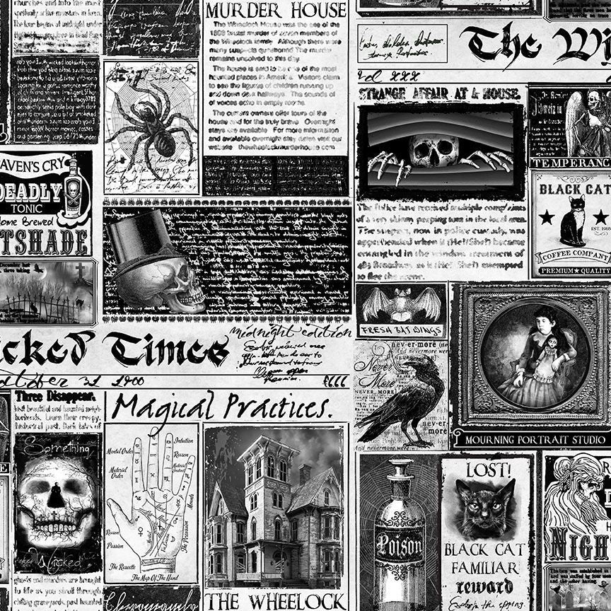 Wicked White Time Newspaper Fabric