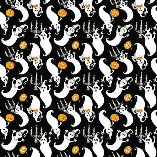 Witch's Night Out Black Tossed Ghosts Fabric