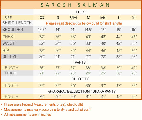 Size Guide | Size Chart | Pakistani Designer | Sarosh Salman